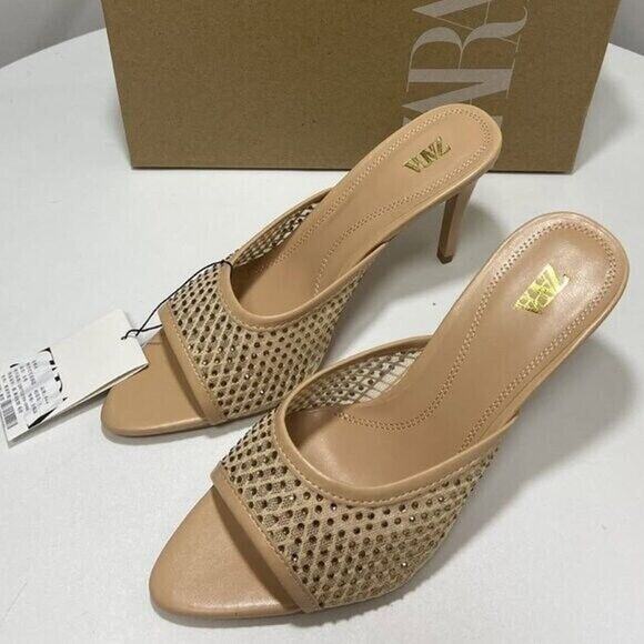 ZARA Embellished Mesh Slide Heels Nude Tan Size 8 NWT - Picture 14 of 16